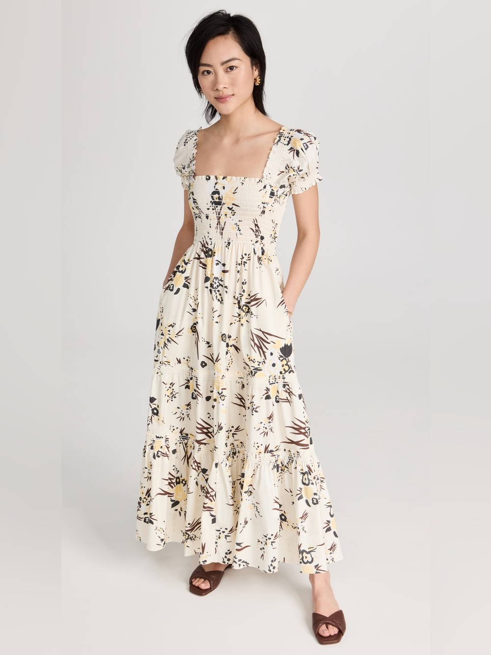 Tory Burch Cream Floral Maxi Dress with Yellow & Black Accents Medium